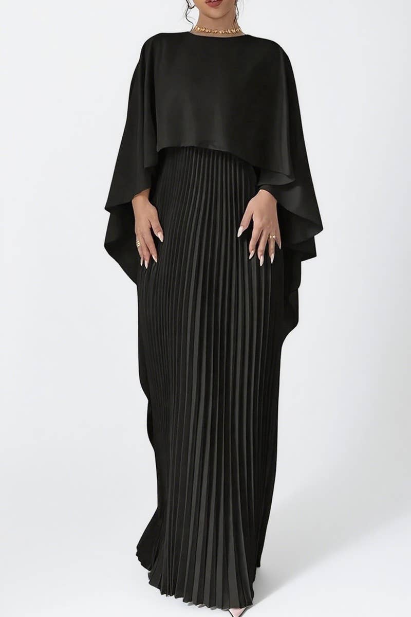 CWDMD6381_LOOSE BAT SLEEVE PLEATED IRREGULAR ELEGANT DRESS