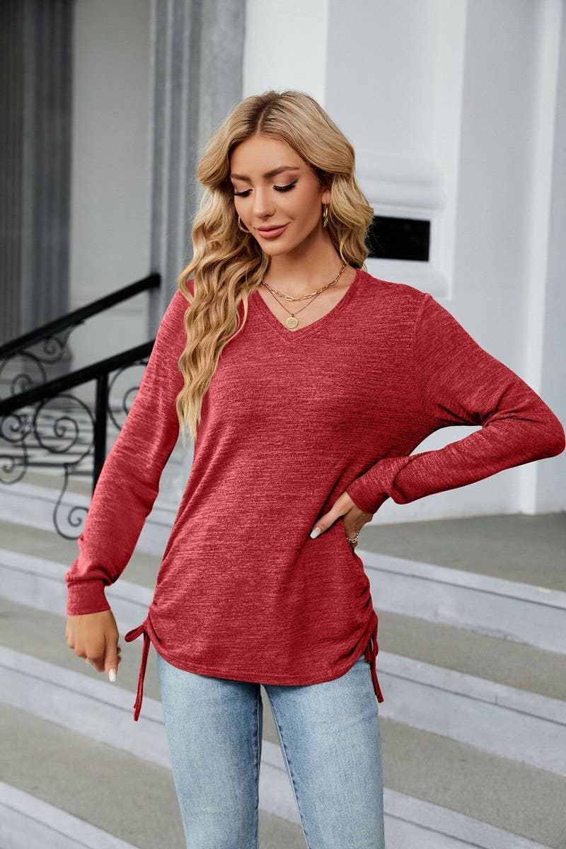 CWTBLL3662_WOMEN'S V-NECK PLEATED LONG SLEEVED LOOSE T-SHIRT