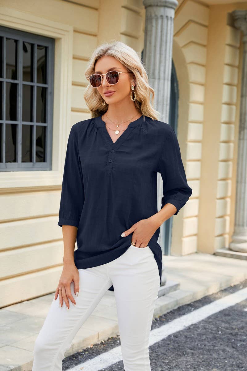 CWTTS0829_3/4 Sleeve V Neck Knit Top