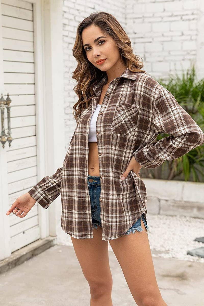 CWTBLL4112_SPRING AND SUMMER LONG SLEEVE PLAID SHIRT CARDIGA