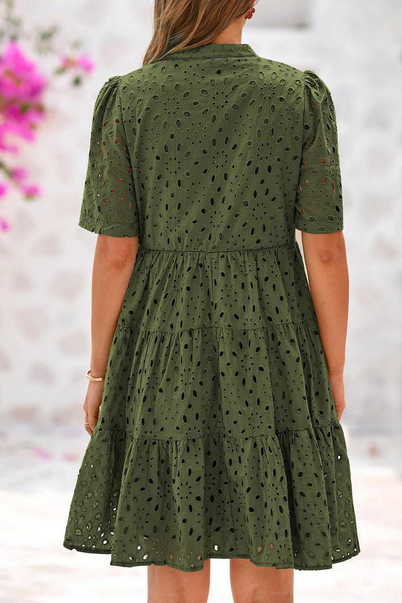 CWDSD8527_V-NECK HOLLOW LACE ELEGANT A-LINE DRESS