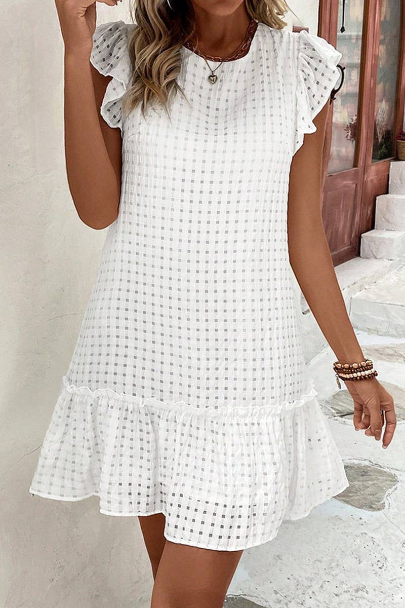 CWDSD8224_CASUAL SOLID COLOR RUFFLED SHORT-SLEEVED DRESS