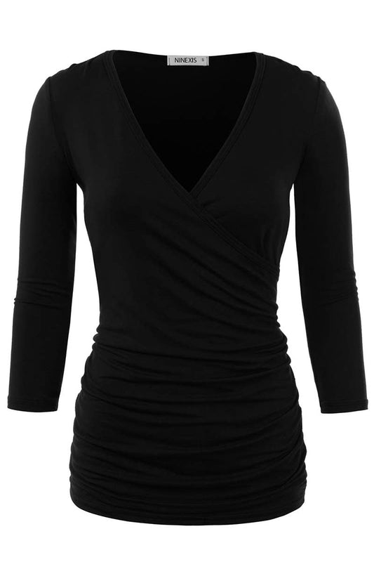 CWTTL1403_3/4 Sleeve Tank Tops Deep V-Neck Surplice Wrap