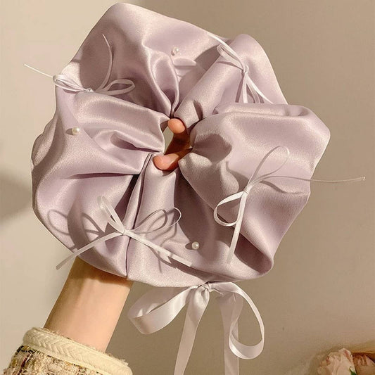 Blue Satin Bow Pearl Scrunchie with Long Tails_CWAHA5501