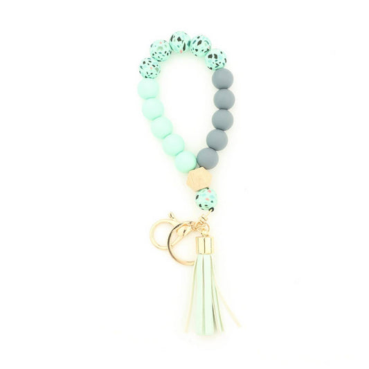 Silicone & Wood Bead Bracelet with Leather Keychain
