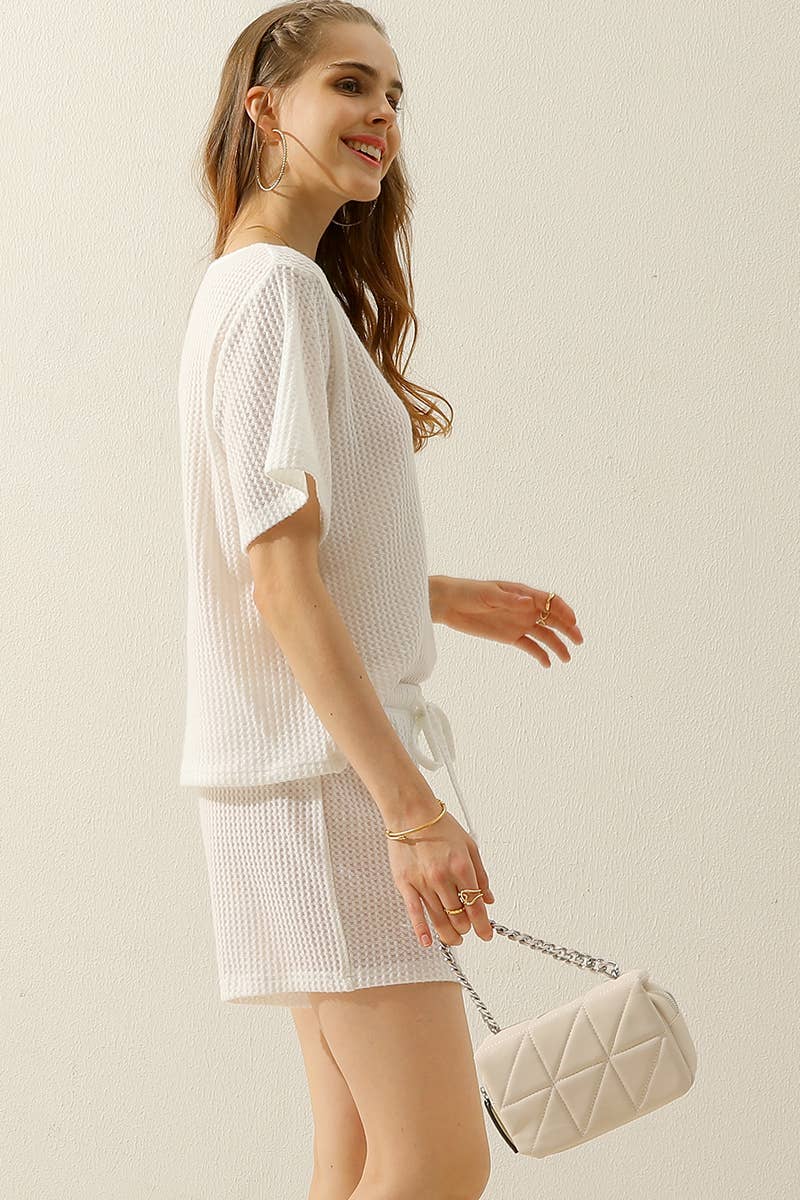 CWSTB274_SOLID WAFFLE KNIT TEE TOP & DRAWSTRING WAIST SHORTS