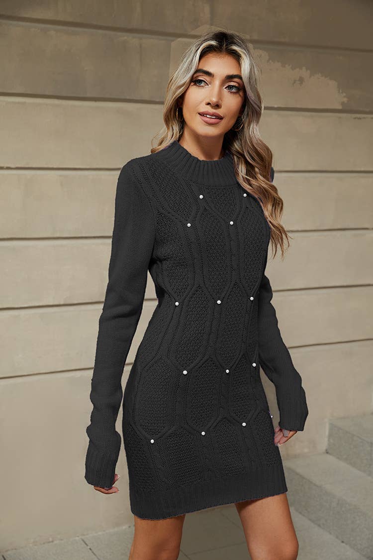 BEADED LONG SLEEVE SWEATER DRESS WITH HIP WRAP