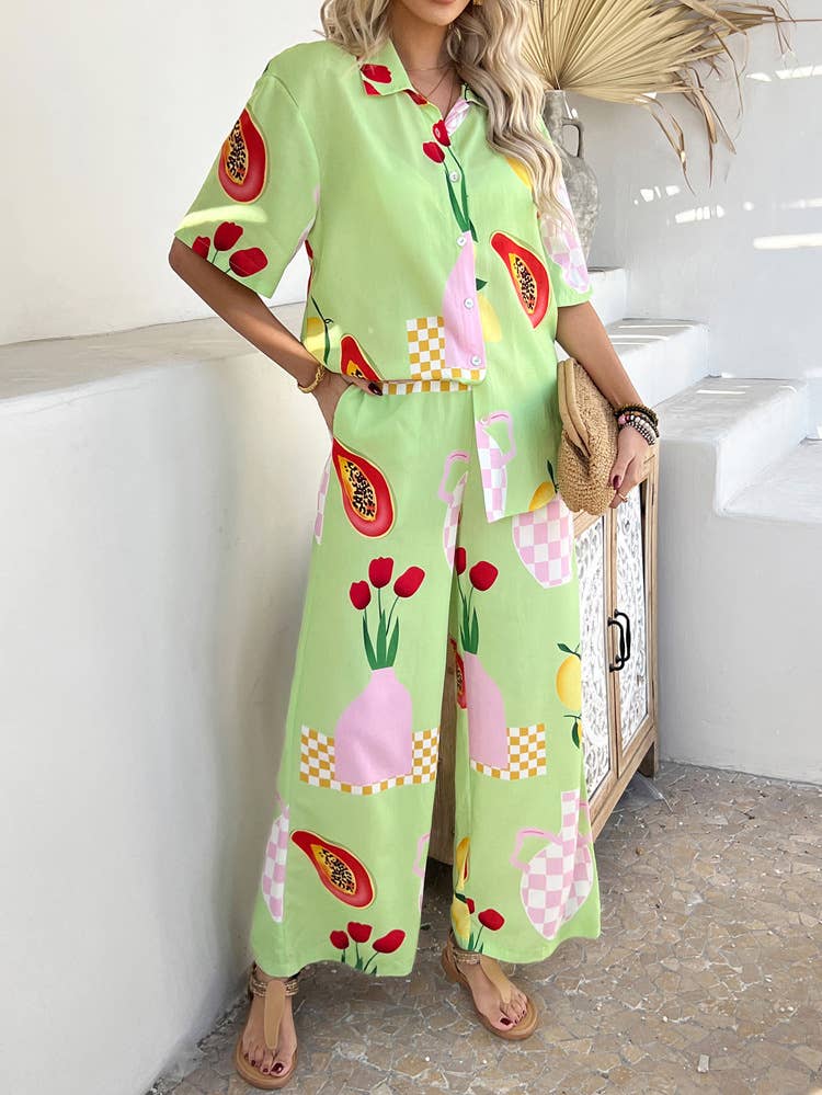 Color contrast printed pants shirt loose suit