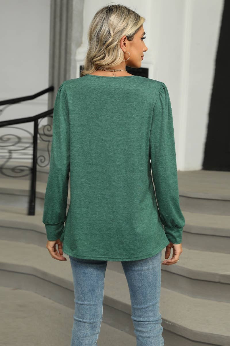 CWTBLL2937_FALL CREW-NECK PLEATED LONG-SLEEVED TOP