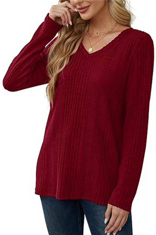 CWOSWL6559_V-NECK SOLID COLOR LONG-SLEEVED KNITTED SWEATER