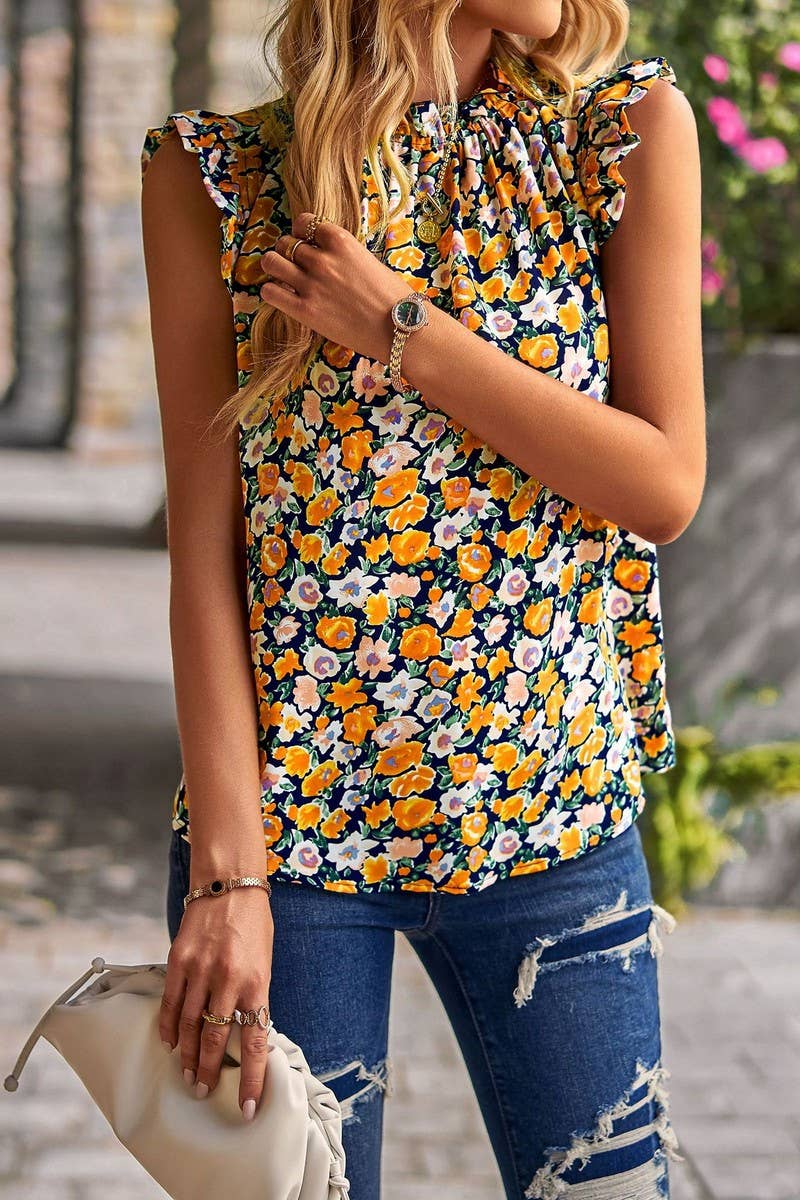 CWTBLSL0061_Round Neck Floral Ruffle Sleeveless Top