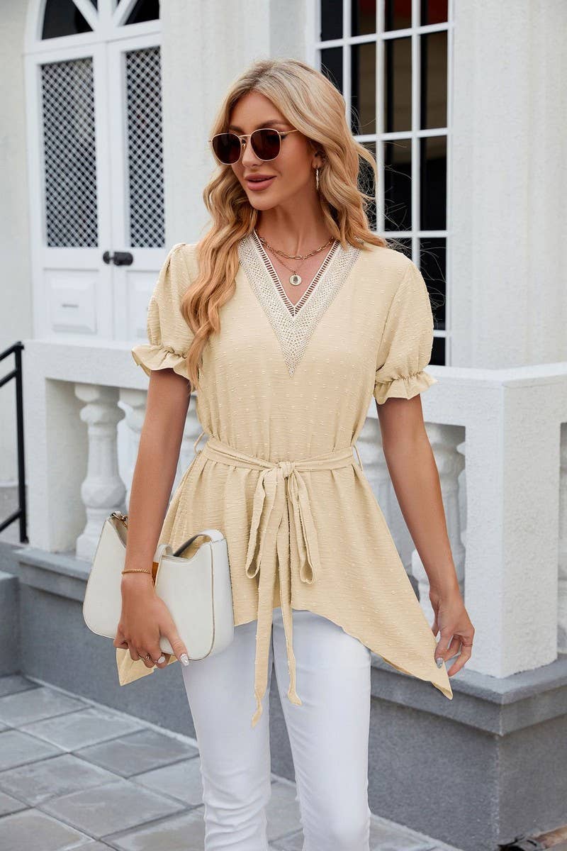 CWTBLS0445_V-Neck Short Sleeve Lace Trim Top