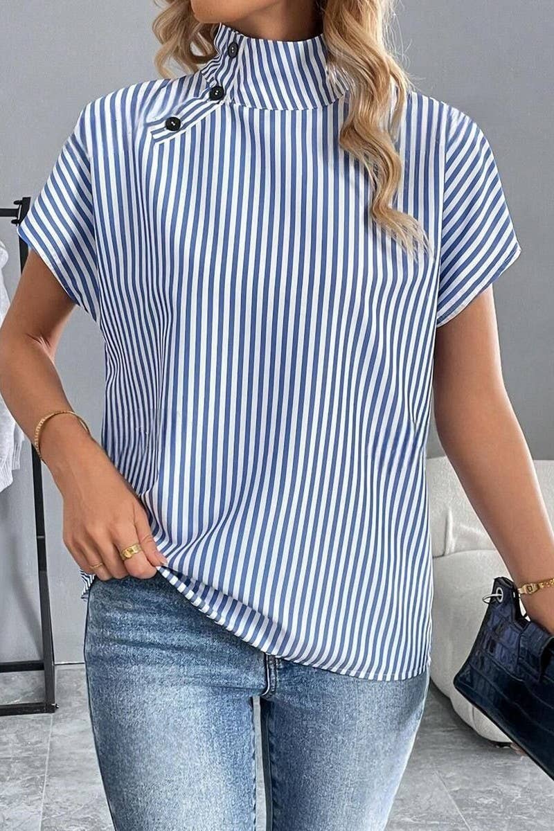 CWTBLS2232_SHORT SLEEVE HOLLOW OUT STAND COLLAR BUTTON SHIRT