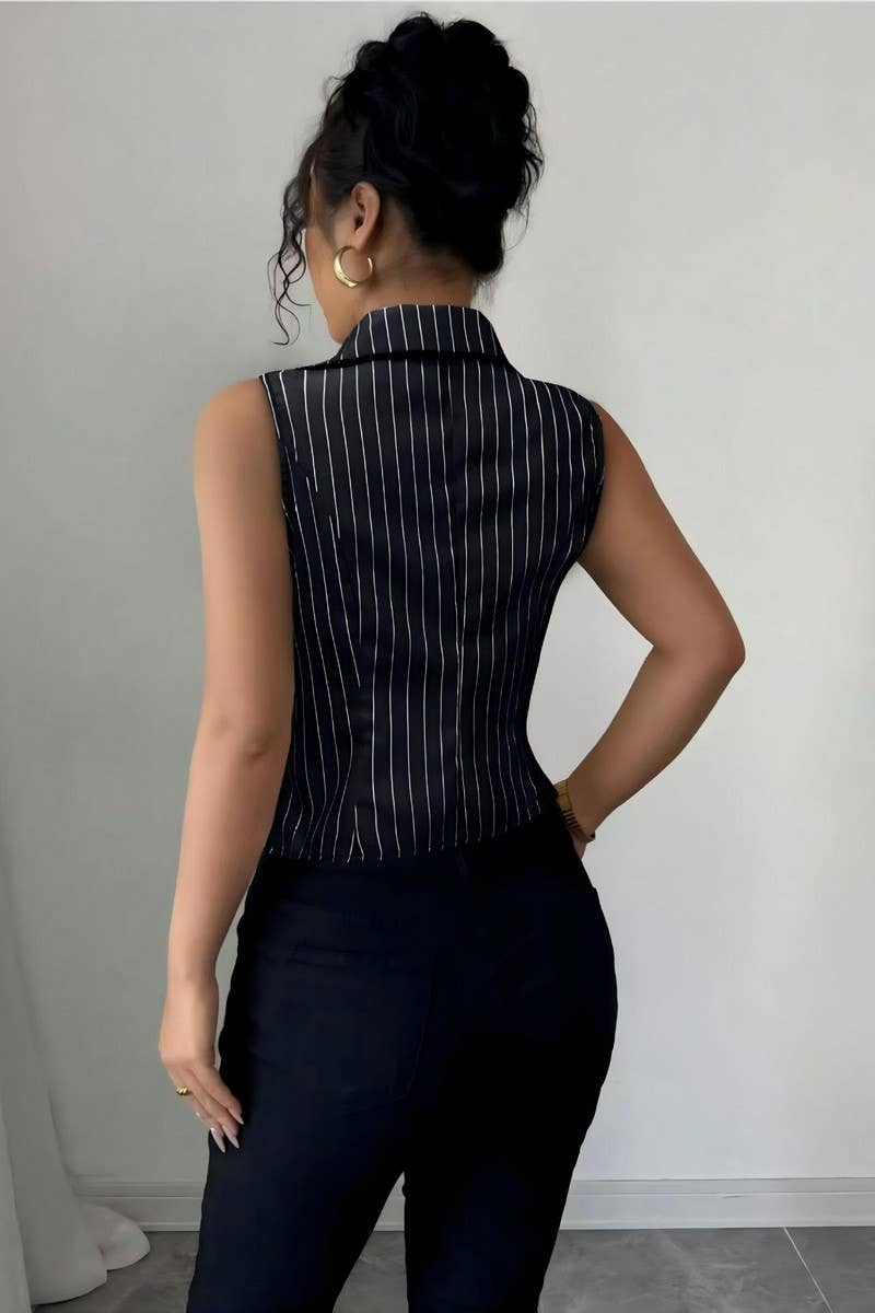 CWTBLSL0953_SUMMER TEMPERAMENT STRIPED SLEEVELESS SLIM SHIRT