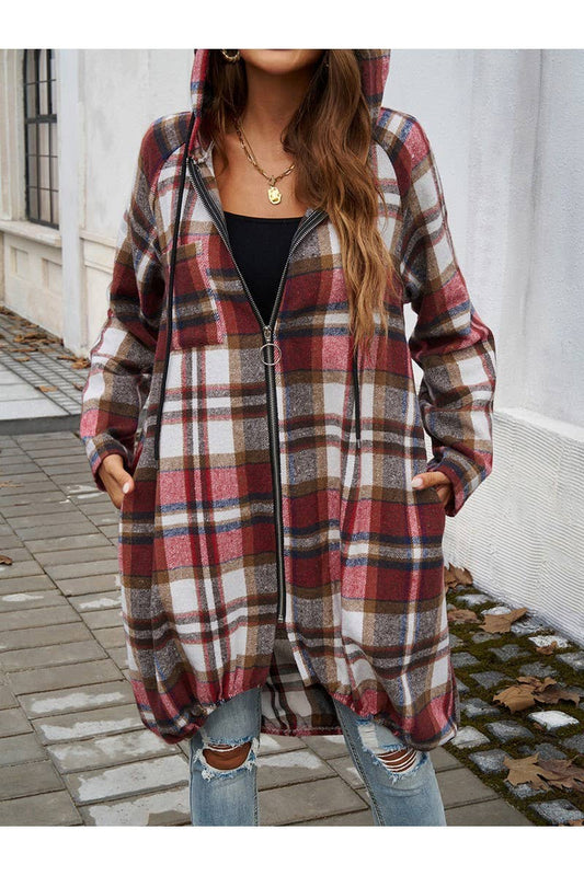 CWOCO0236_Casual Baggy Plaid Long Sleeved Zipper Hooded Coat