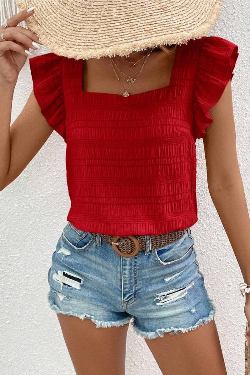 CWTBLS0608_SQUARE COLLAR RUFFLED SHIRT BLOUSE TOP