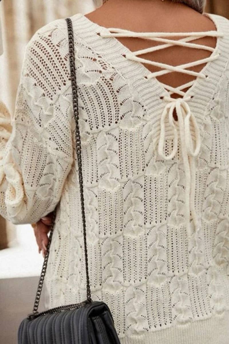 CWOSWL5136_STYLISH V-NECK CUTOUT BACK LACE-UP SWEATER