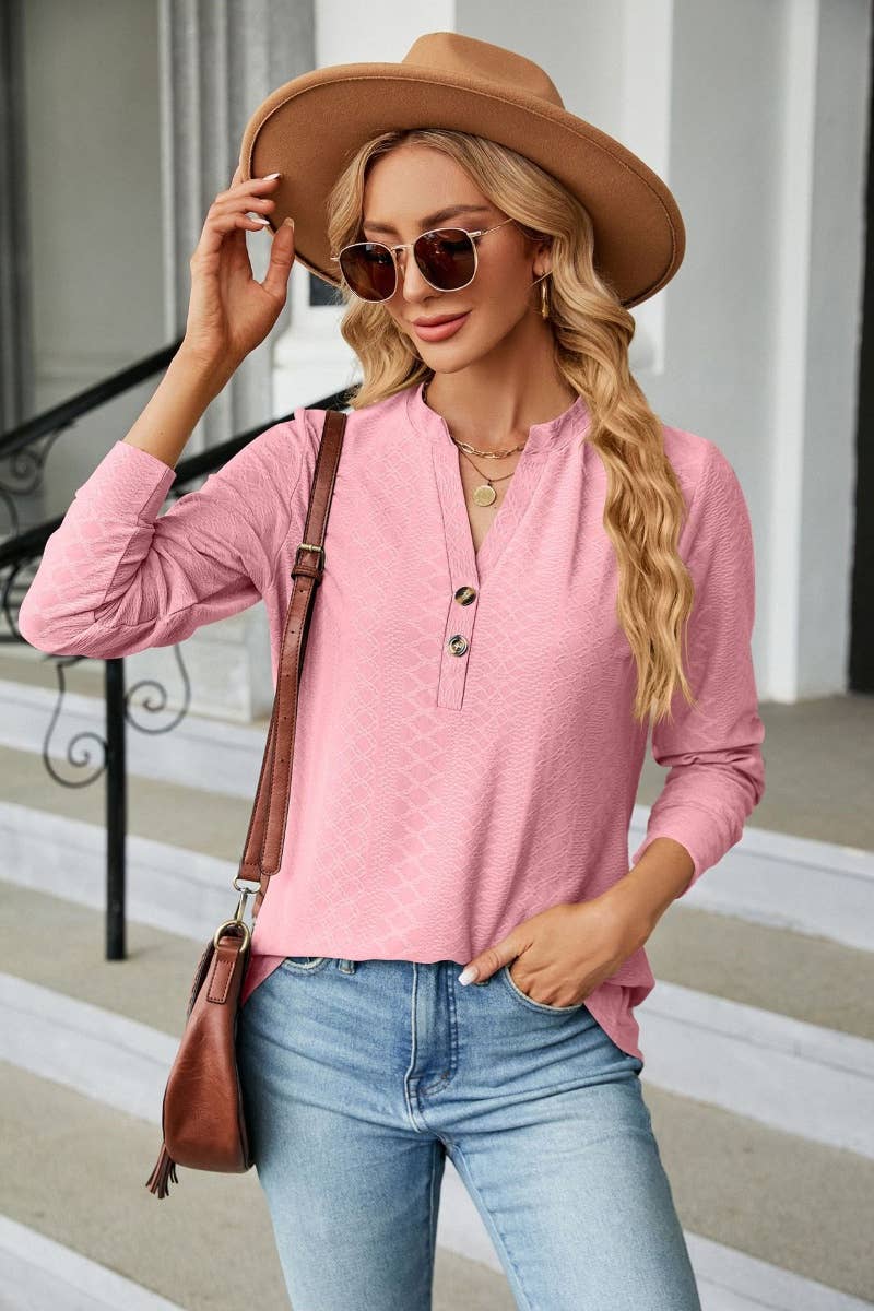 CWTBLL2801_SOLID COLOR V-NECK LONG SLEEVE BUTTON-UP TOP