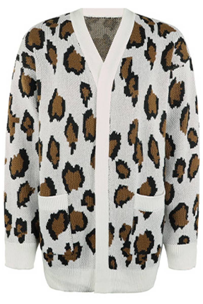 COLOR CONTRAST LEOPARD POCKET KNIT CARDIGAN
