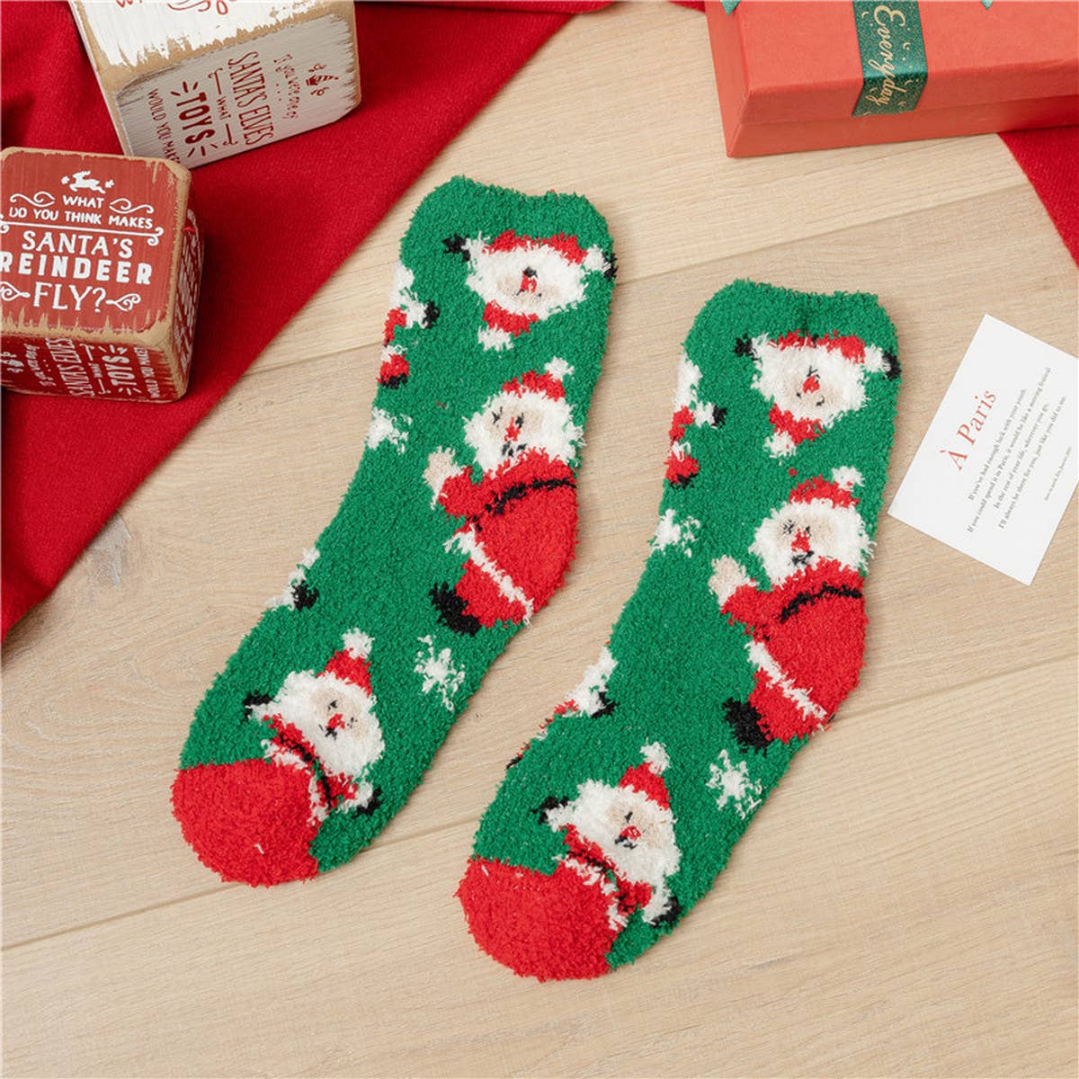 SANTA CLAUS ELK CORAL VELVET SOCKS