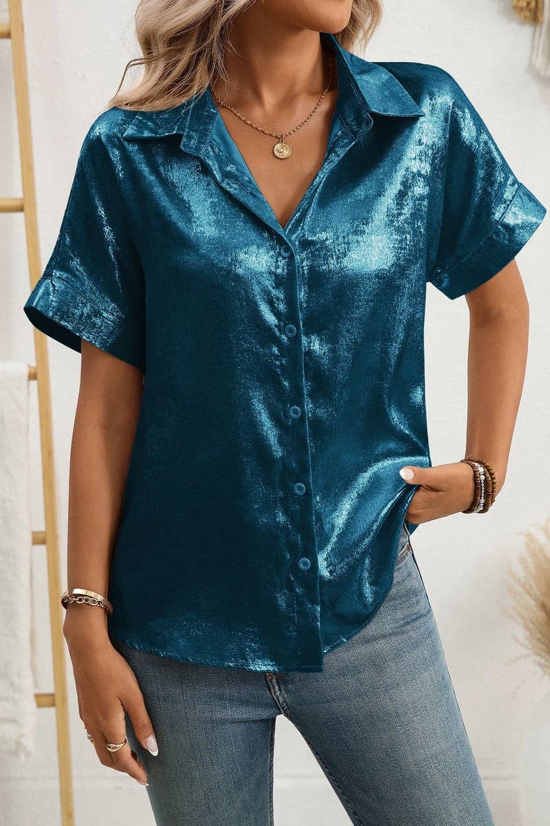 CWTBLS2257_METALLIC COLLARED SHORT SLEEVE RELAXED SHIRT