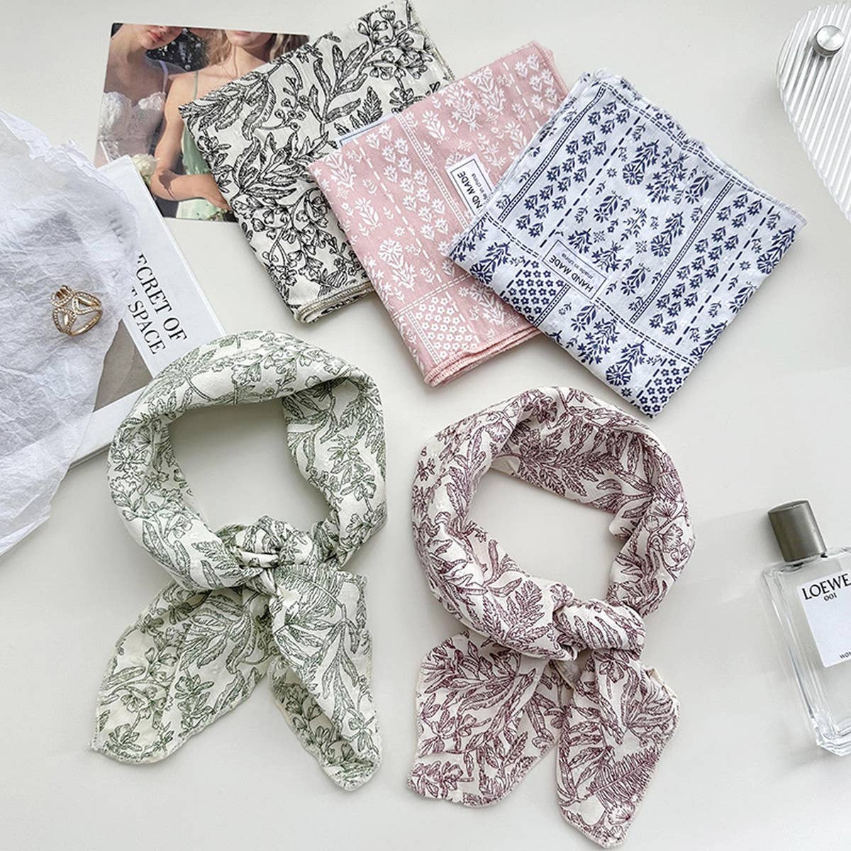 Floral Cotton Linen Square Scarf for Women