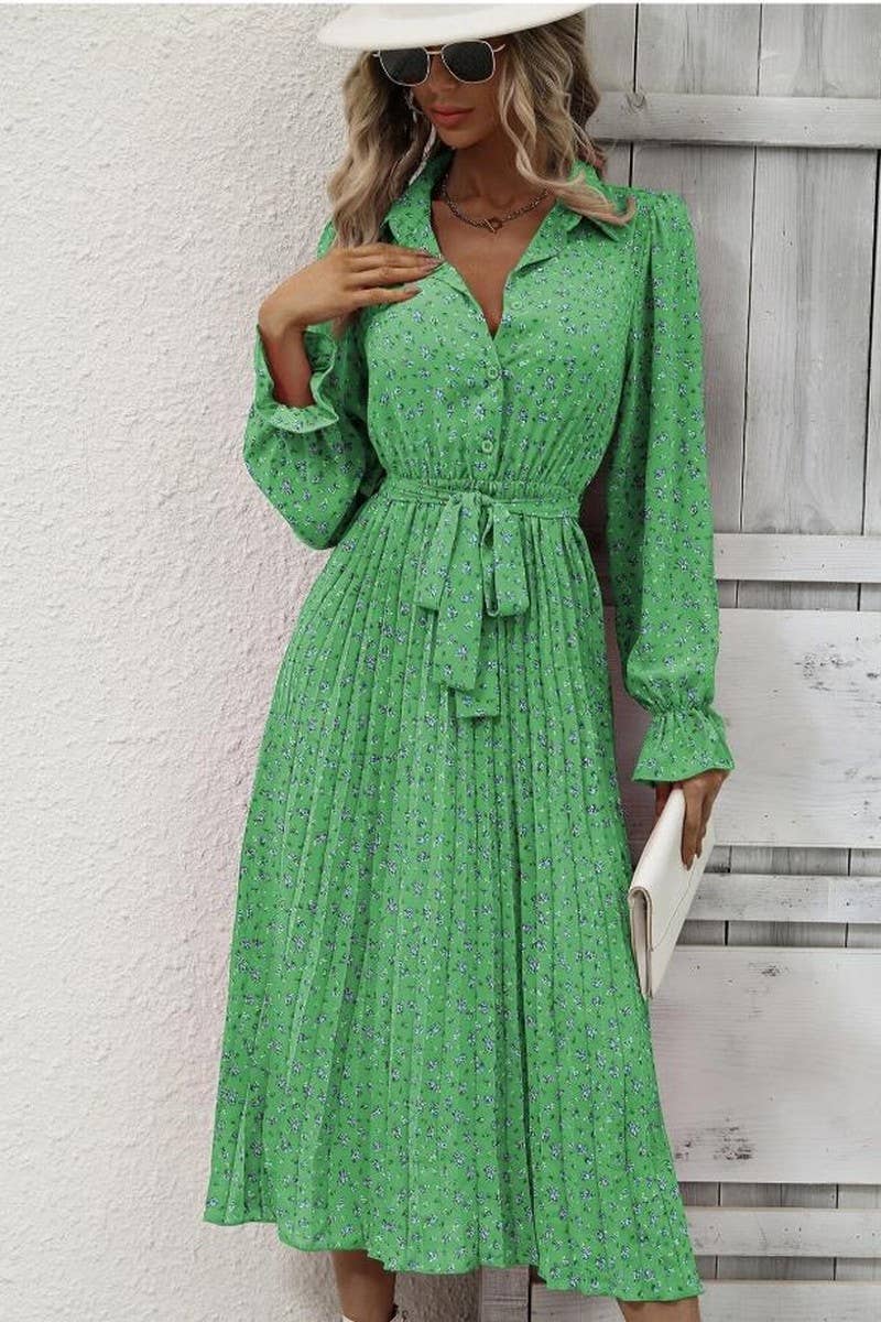 CWDMD4102_TIE-STRAP PLEATED LONG-SLEEVED SWING DRESS