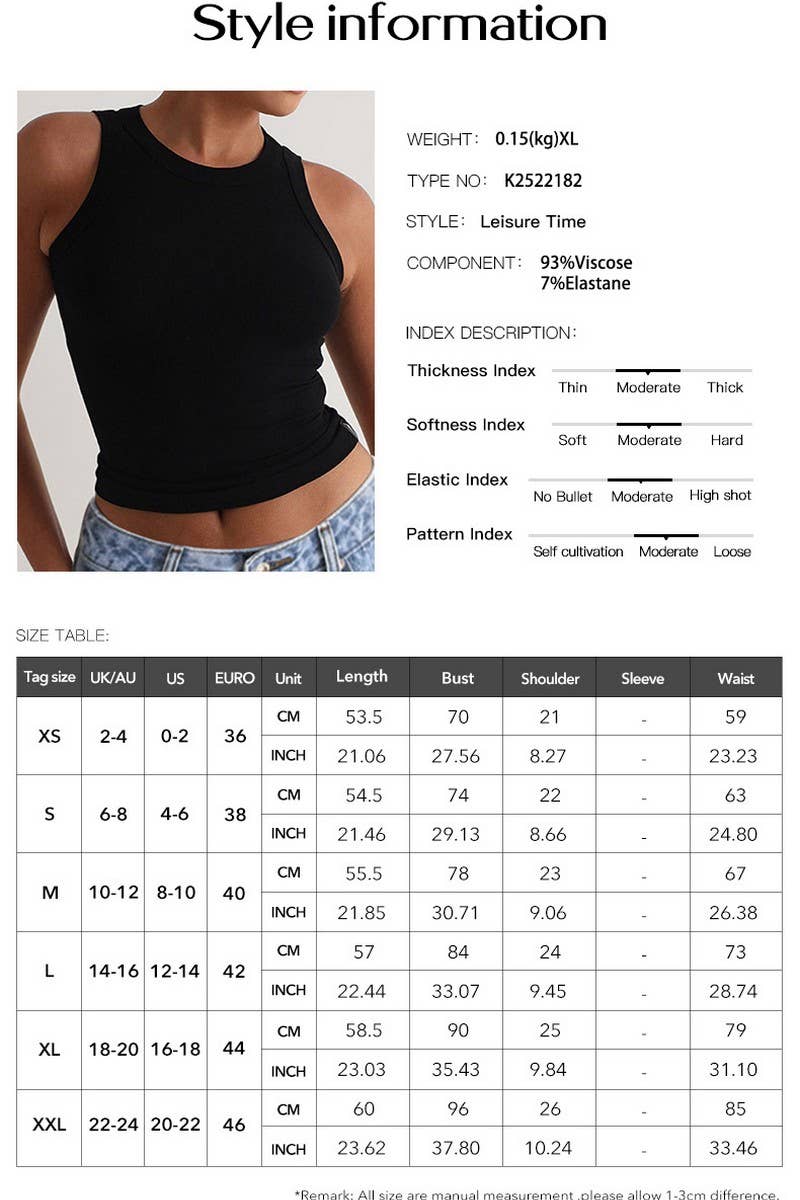 CWTTSL0386_CASUAL SOLID COLOR SEXY RIBBED VEST