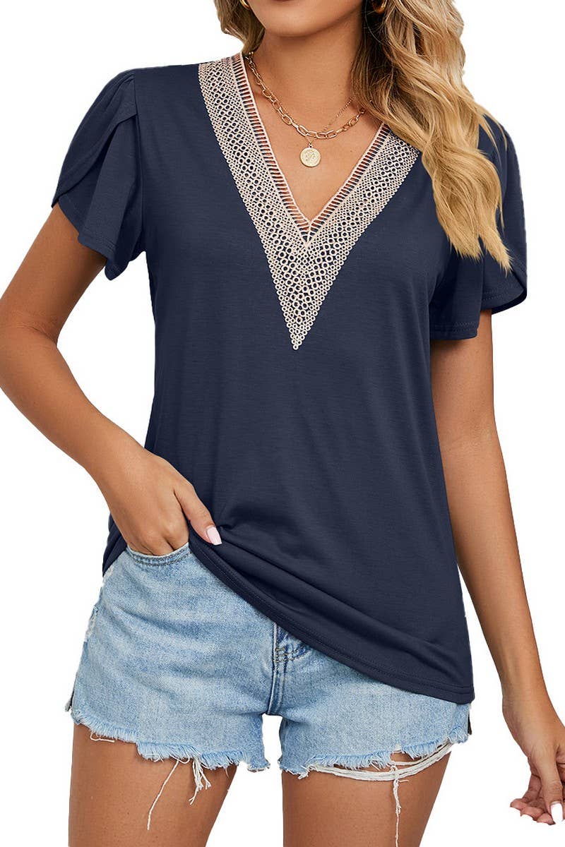 CWTBLS0872_V-NECK GOLD LACE SHORT-SLEEVED T-SHIRT