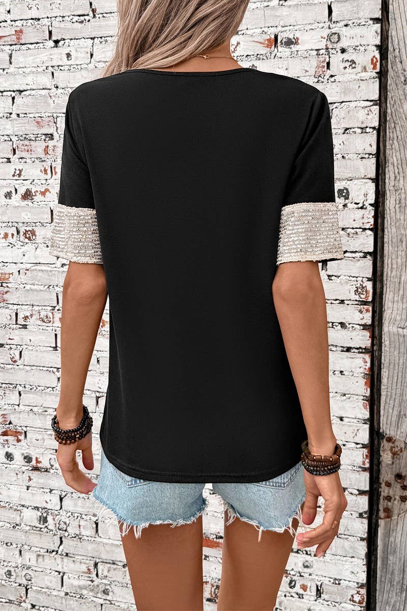 CWTBLS1993_CASUAL BLACK & WHITE COLORBLOCK SEQUIN T-SHIRT