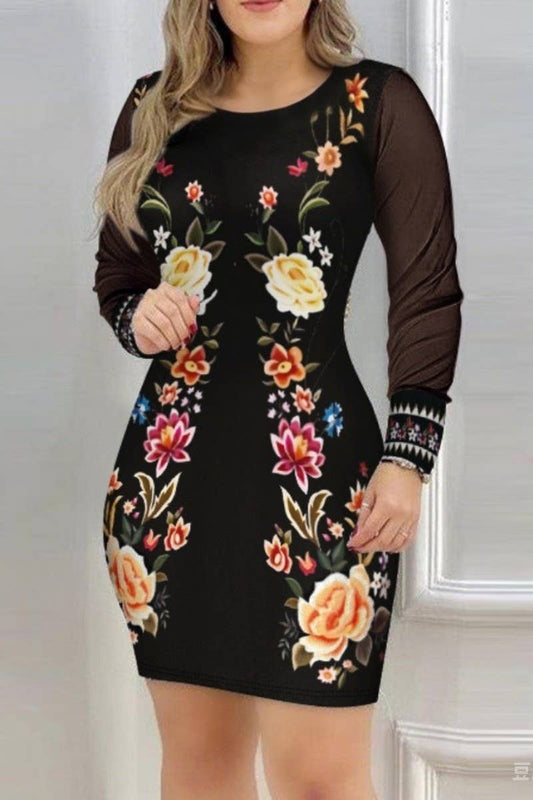 CWDSD8420_MESH LONG SLEEVE V-NECK SLIM FLORAL DRESS