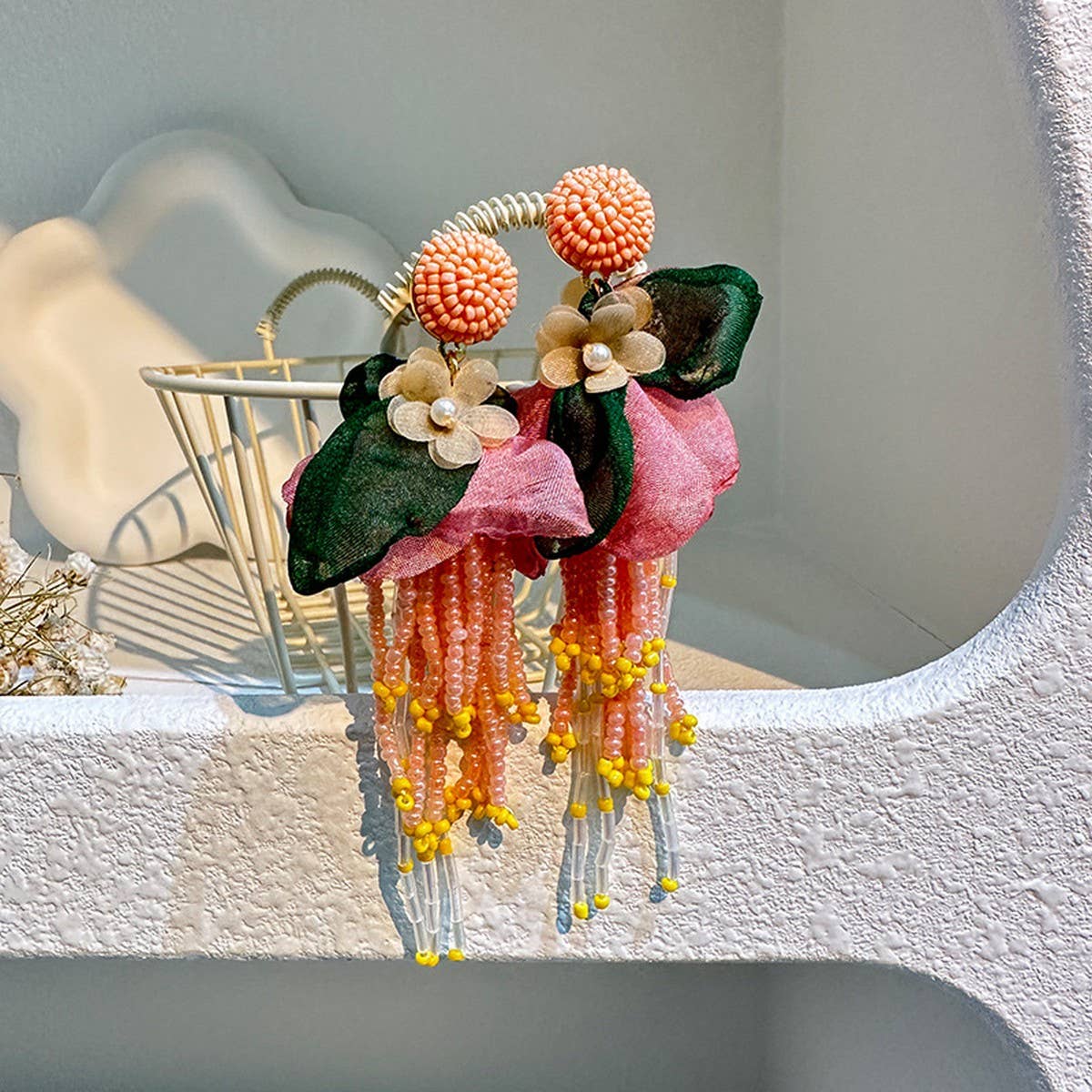 Boho Long Tassel Earrings Handmade Fabric Flowers_CWMM6165