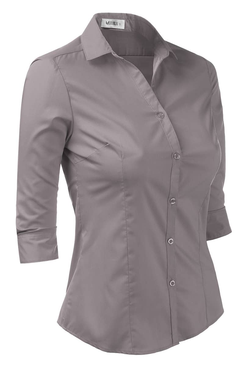 CWTSTL709_3/4 Sleeve Button Down Collar Shirt Blouse