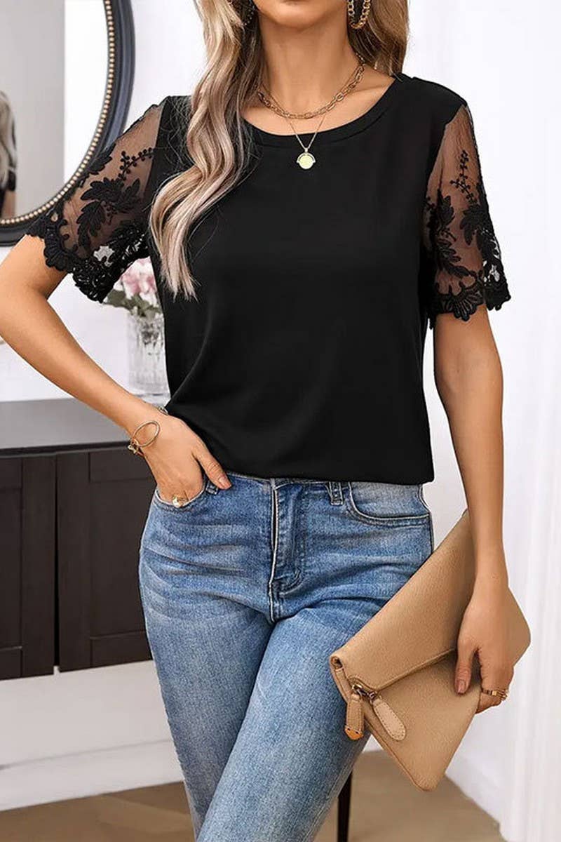 CWTTS1396_SUMMER ELEGANT KNITTED LACE ROUND NECK T-SHIRT