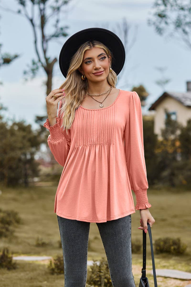 CWTBLL3687_NEW AUTUMN SOLID COLOR ROUND NECK DRAW CUFFS TOP