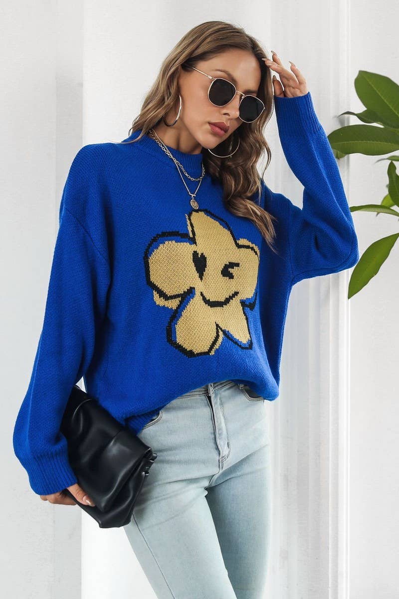 CWOSWL4070_FLOWER SMILEY FACE JACQUARD KNIT SWEATER