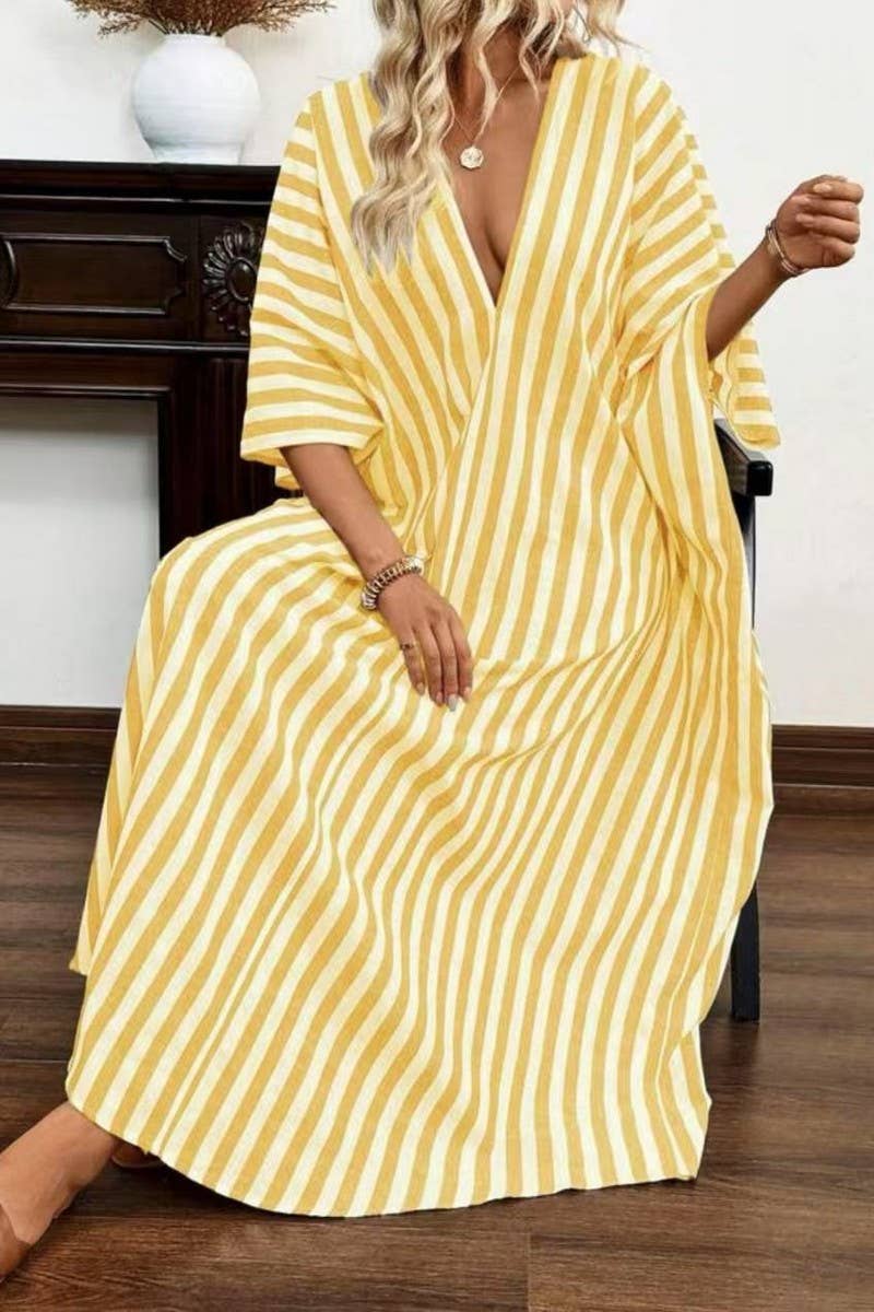 CWDMD5853_CASUAL LOOSE V-NECK STRIPED MAXI DRESS