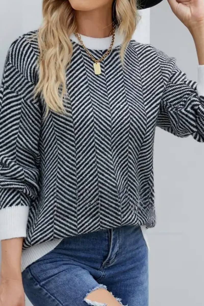 CWTTL1074 Striped Round Neck Knitted Panel Pullover Sweater