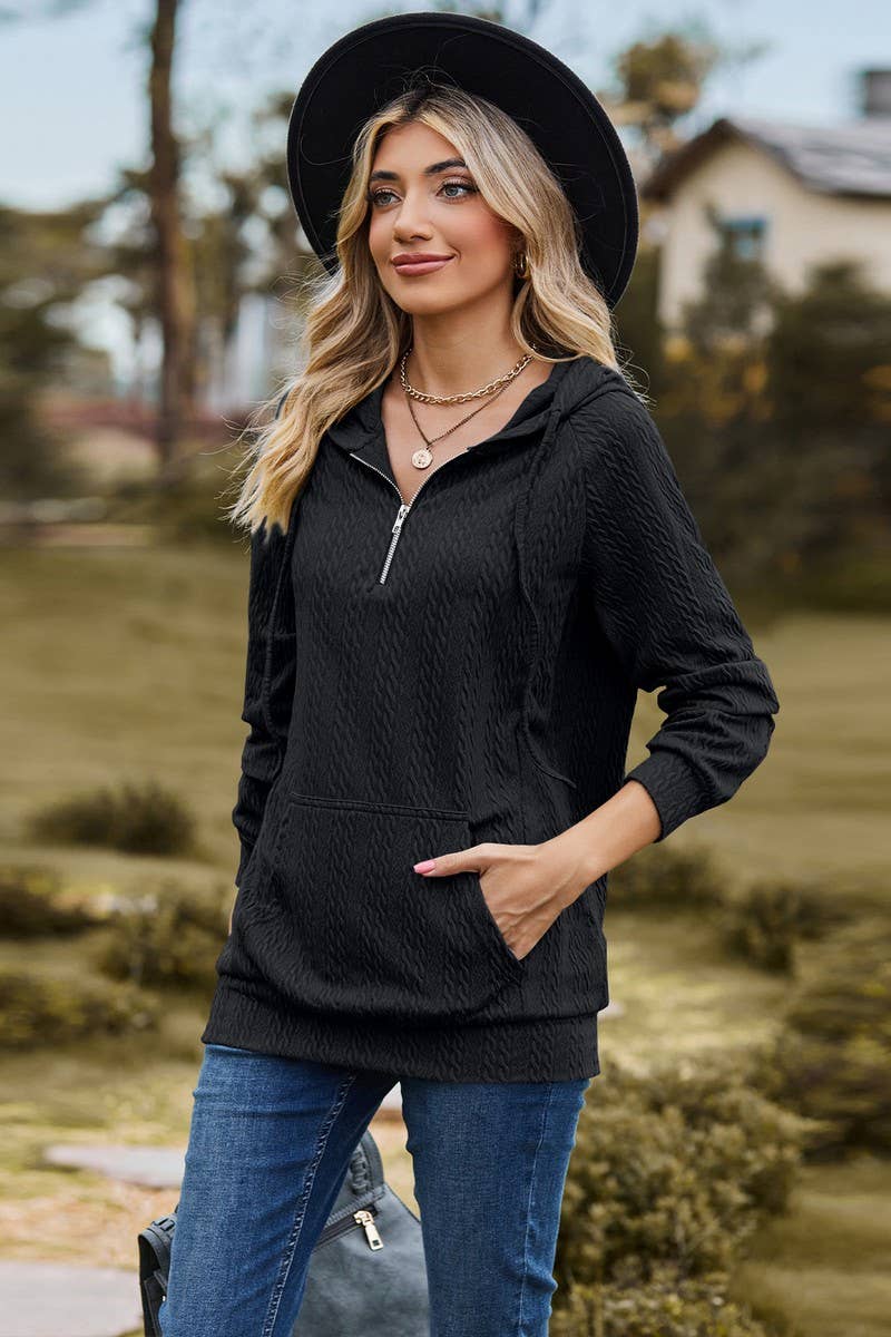 CWOHOL1094_HOODED ZIPPER LOOSE LONG SLEEVE SWEATSHIRT