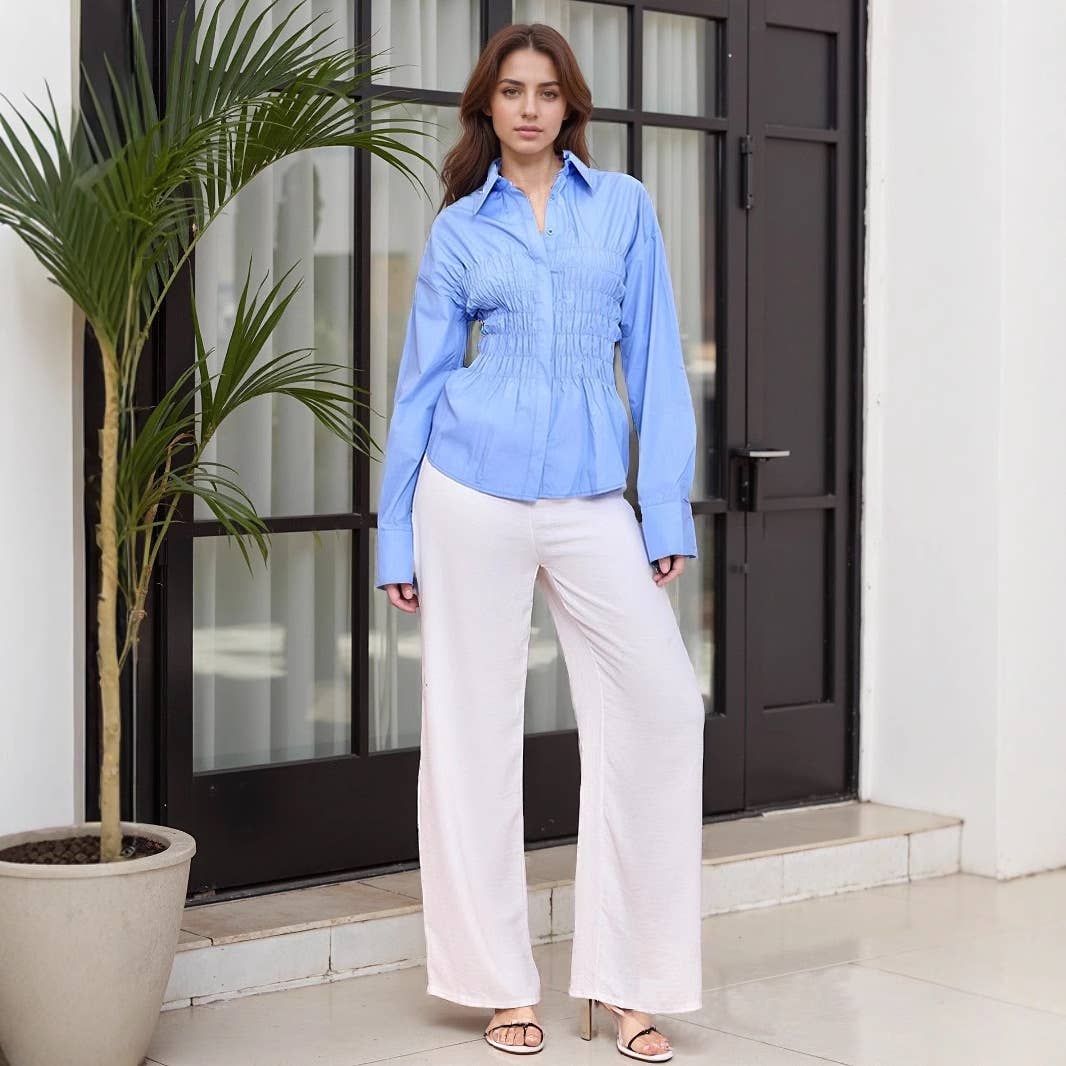 Fashionable lapel pleated cinched-waist shirt