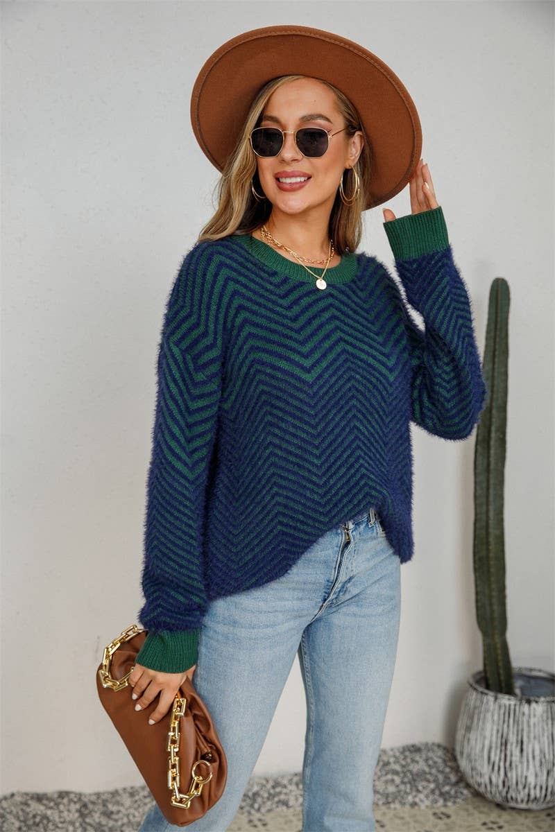 CWOSWL1707_V-neck Long Sleeve Striped Pullover Sweater