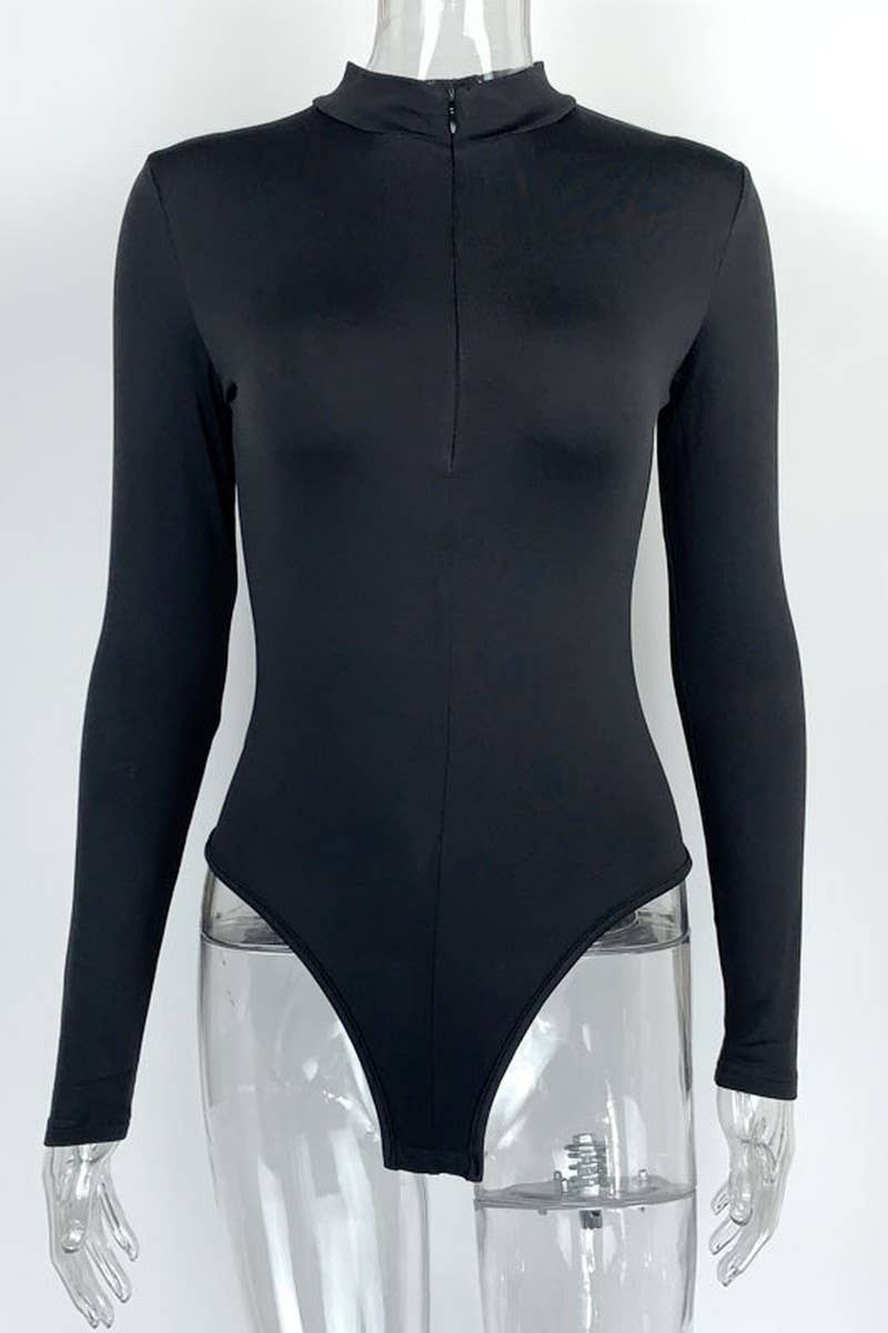 CWSBSL0151_SOLID COLOR PLUSH LONG SLEEVE ZIPPER BODYSUIT