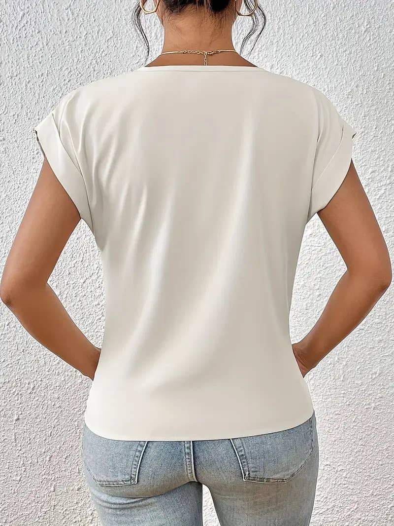 Elegant short-sleeved solid-color V-neck T-shirt