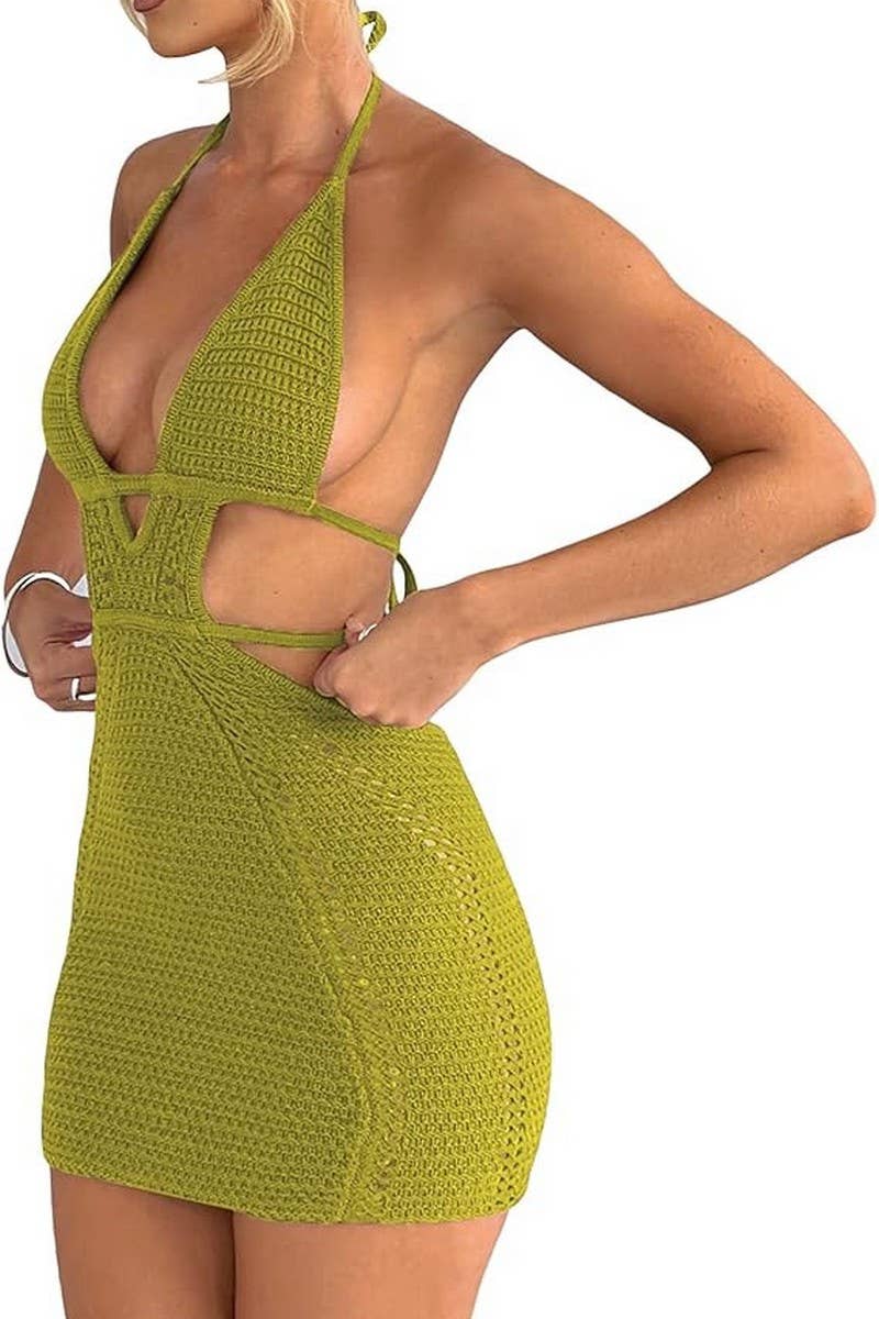 CWDSD7815_SEXY HALTERNECK HOLLOW SUSPENDER DRESS