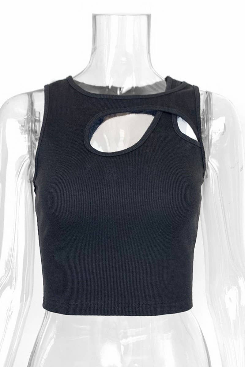 CWTTK0816_SOLID COLOR HOLLOW CHEST SHORT VEST