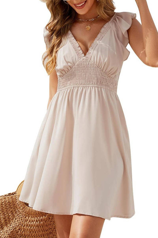 CWDSD8709_RUCHED V-NECK FLUTTER SLEEVE BEACH COVER UP DRESS