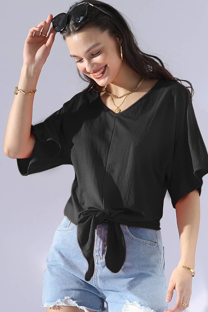 CWTTS700_V NECK TIE UP SHORT SLEEVE CASUAL COOL TOP