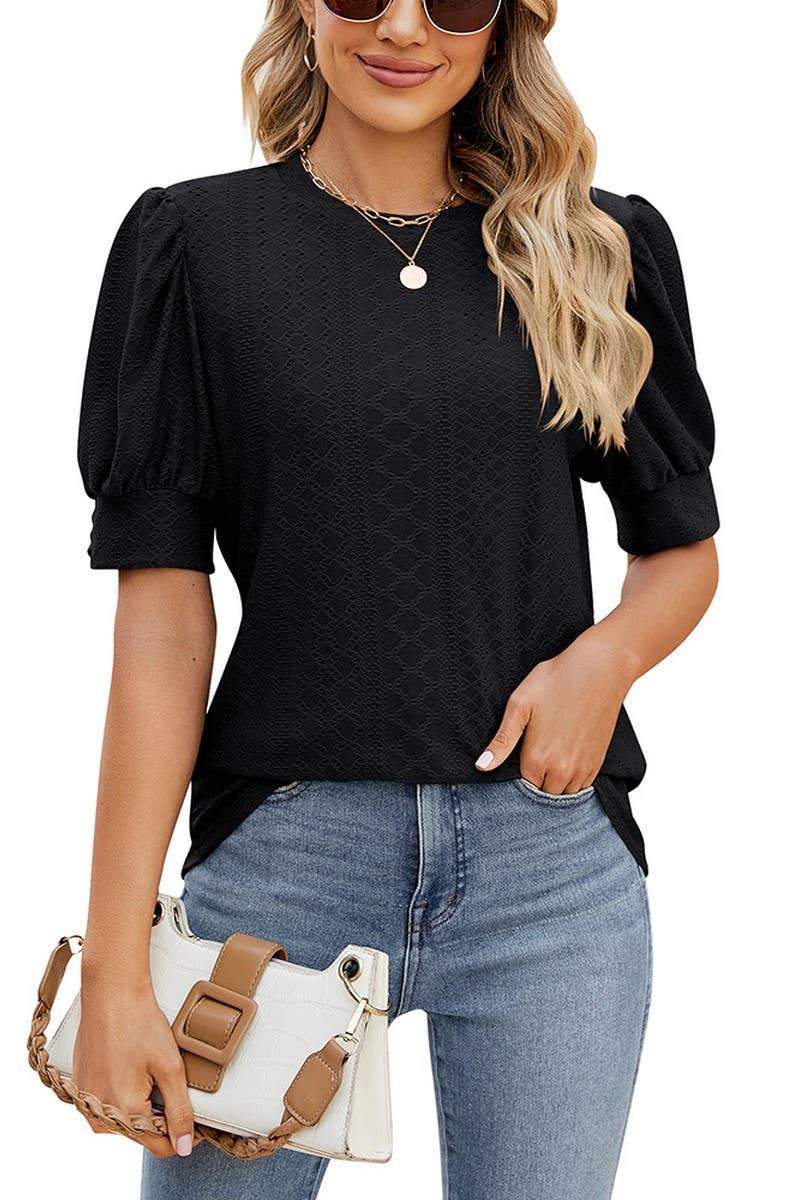 CWTBLS0615_ HOLLOW PUFF SLEEVES SHORT SLEEVED BLOUSE TOP