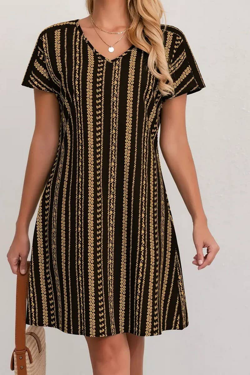 CWDSD8572_V-NECK FLORAL PRINT SHORT SLEEVE DRESS