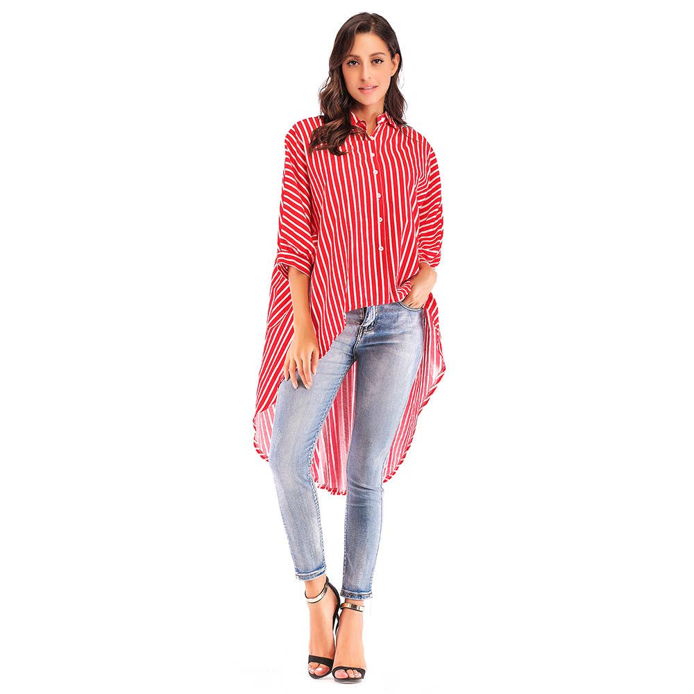 BAT-SLEEVED LOOSE DOVETAIL TREND STRIPED SHIRT